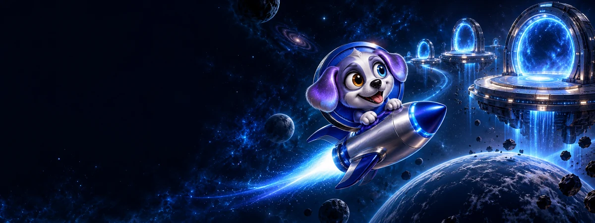 A playful dog riding a rocket through blue exchange portals